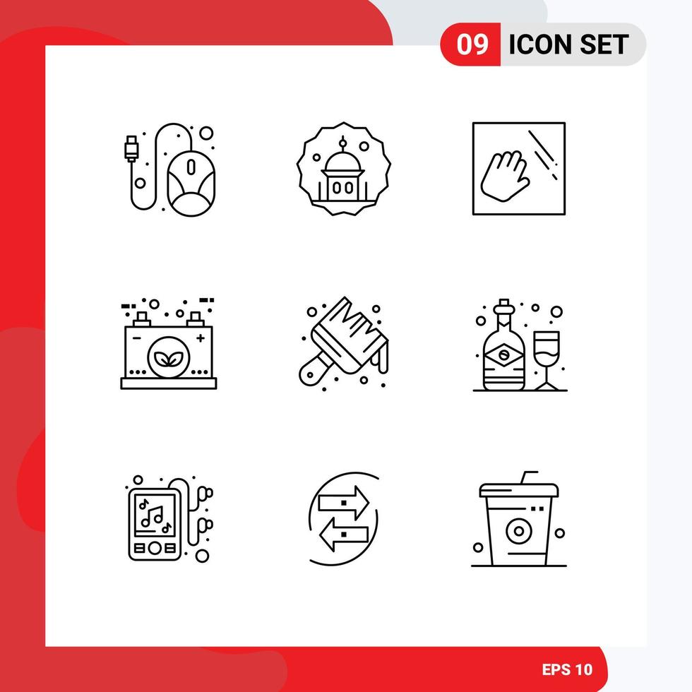 Pack of 9 Modern Outlines Signs and Symbols for Web Print Media such as electric energy pray eco housekeeping Editable Vector Design Elements