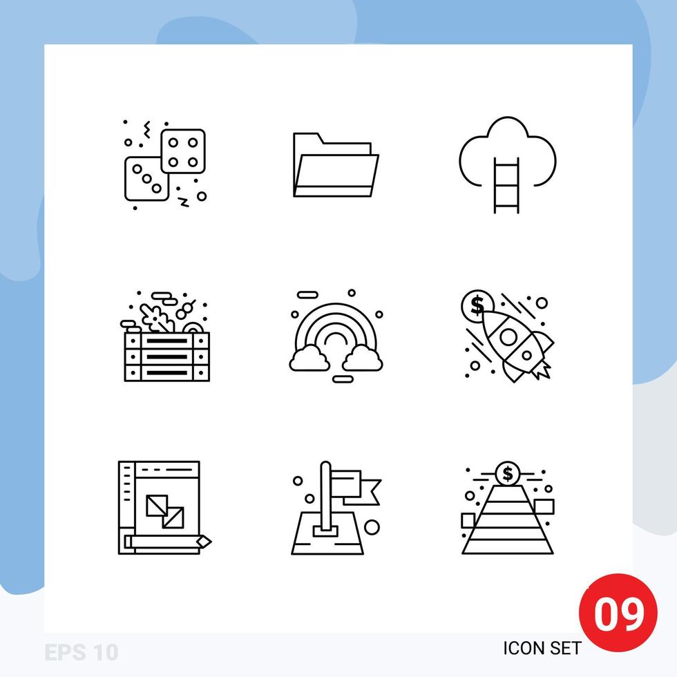 Pack of 9 Modern Outlines Signs and Symbols for Web Print Media such as food salad storage green place Editable Vector Design Elements