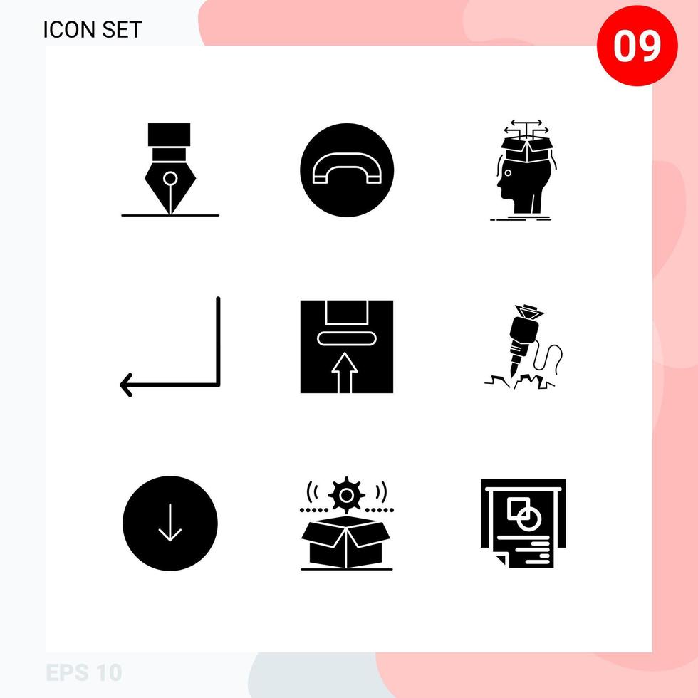 Modern Set of 9 Solid Glyphs Pictograph of handle box extraction enter arrow Editable Vector Design Elements