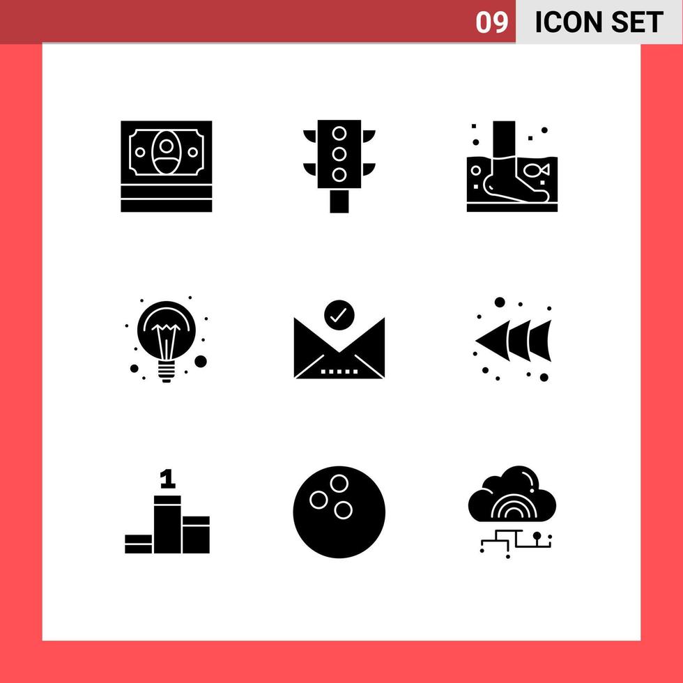 9 Thematic Vector Solid Glyphs and Editable Symbols of email light bulb spa light electricity Editable Vector Design Elements