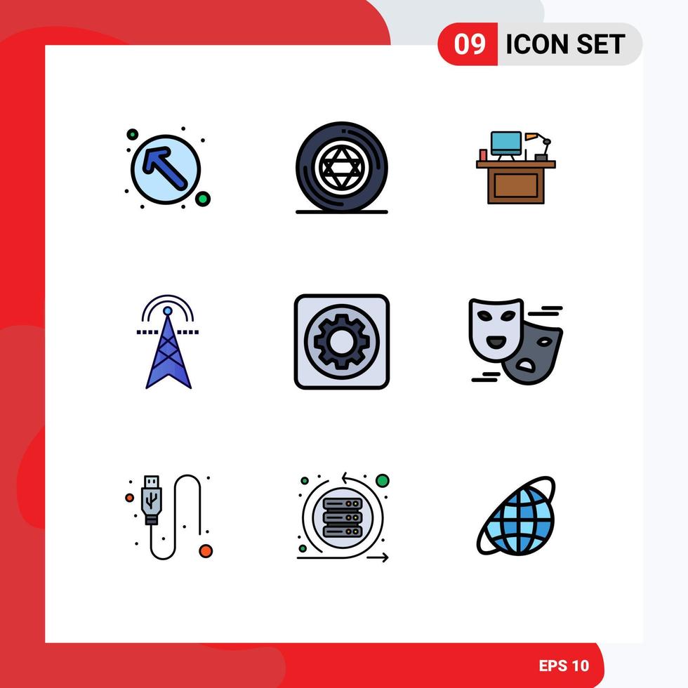 Modern Set of 9 Filledline Flat Colors and symbols such as power electric tower computer table office Editable Vector Design Elements