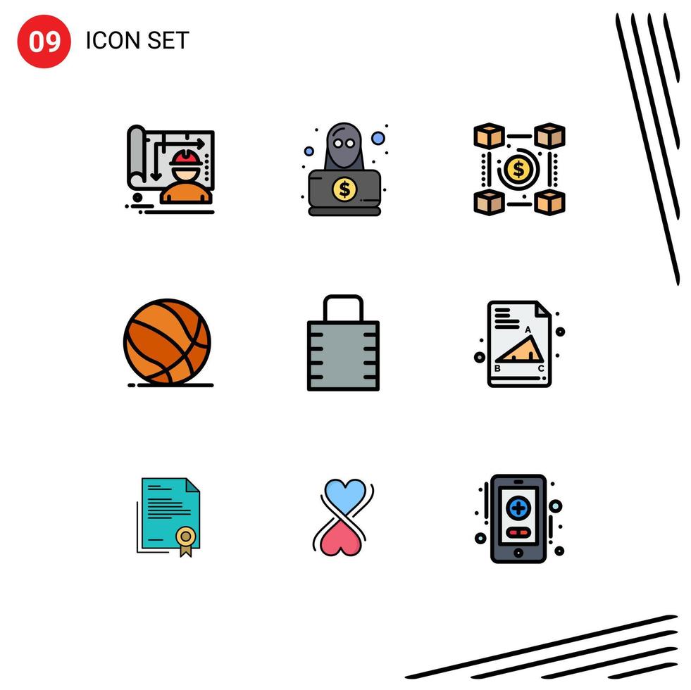 paquete de color plano de línea de relleno de 9 símbolos universales de baloncesto juego blockchain cesta pagos elementos de diseño vectorial editables vector