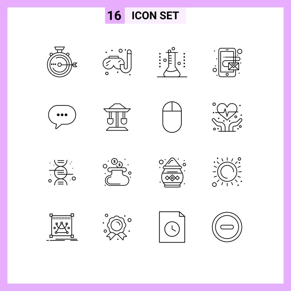 Group of 16 Outlines Signs and Symbols for comment mobile chemical flask email test tube Editable Vector Design Elements