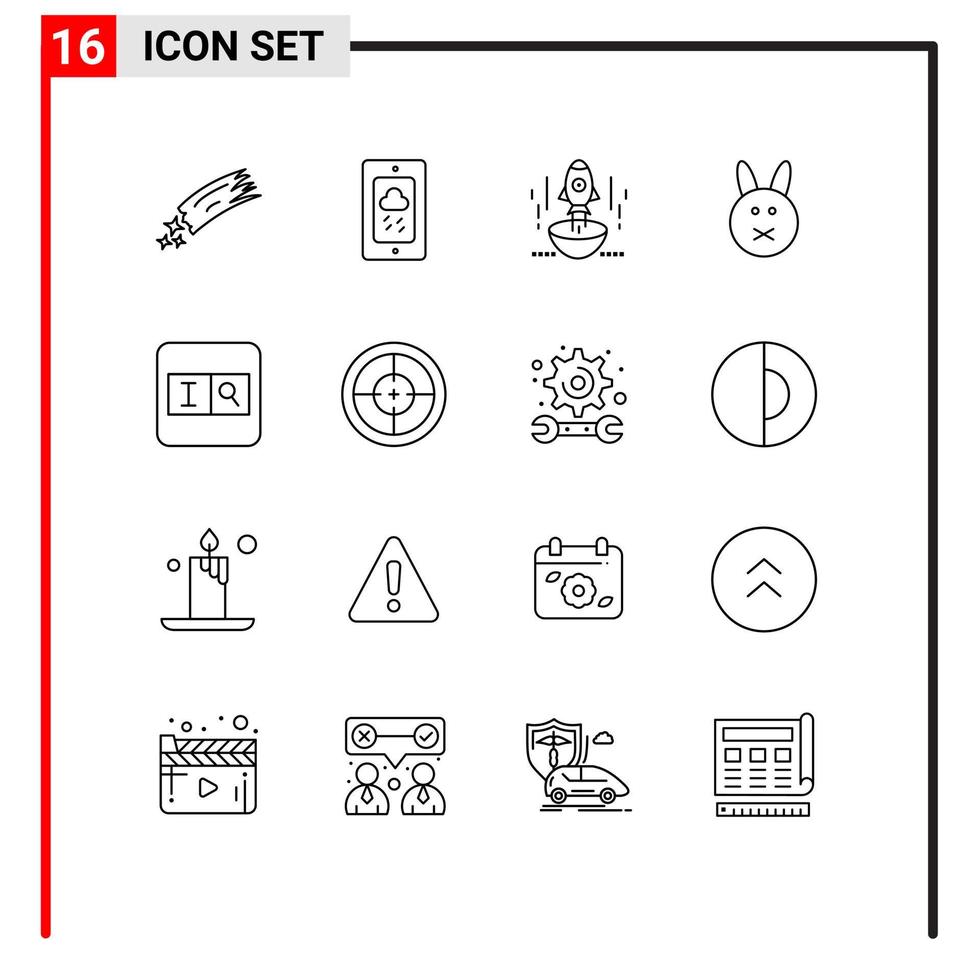 Modern Set of 16 Outlines Pictograph of rabbit bynny rainy spaceship startup Editable Vector Design Elements