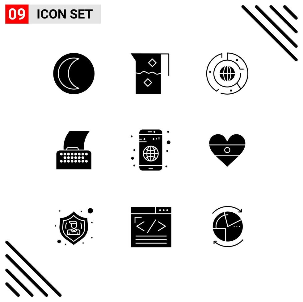 Pictogram Set of 9 Simple Solid Glyphs of typewriter paper jug cinema script data Editable Vector Design Elements