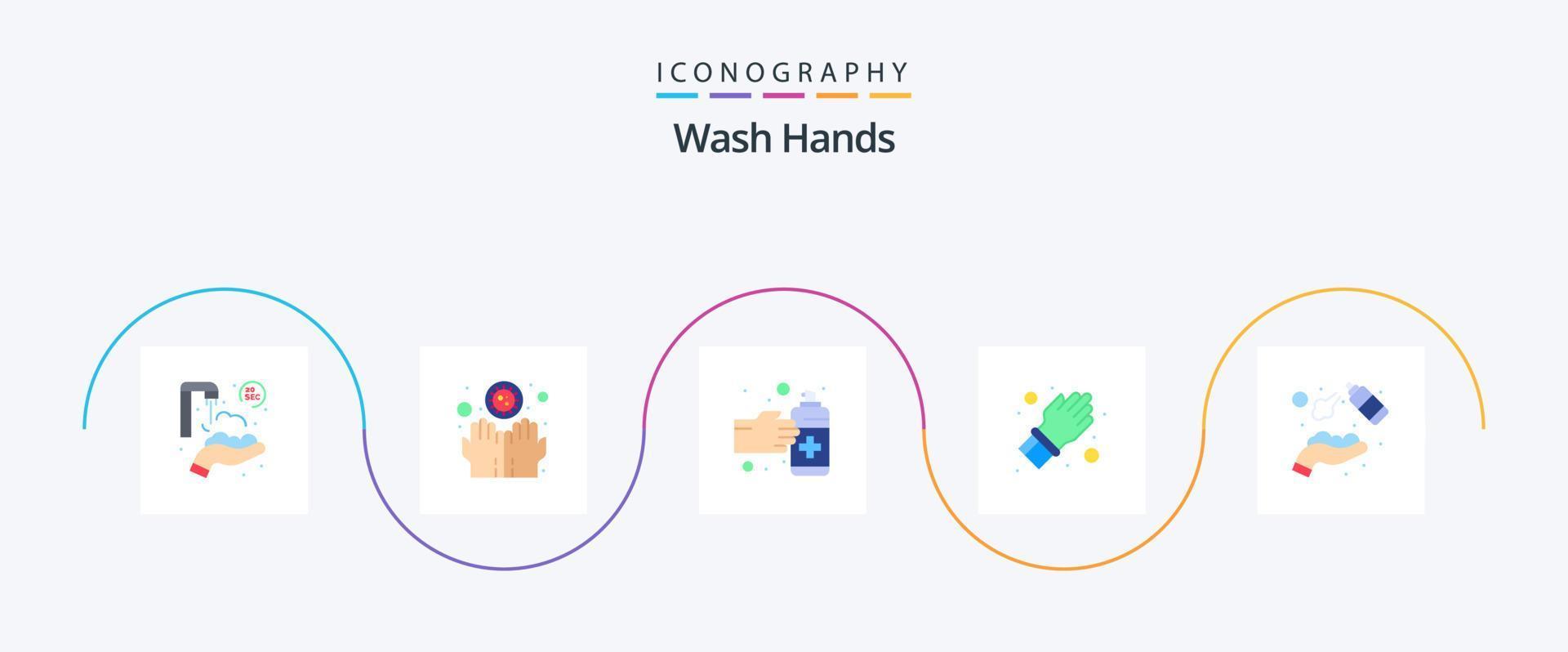 Wash Hands Flat 5 Icon Pack Including clean. care. gestures. protect. glove vector