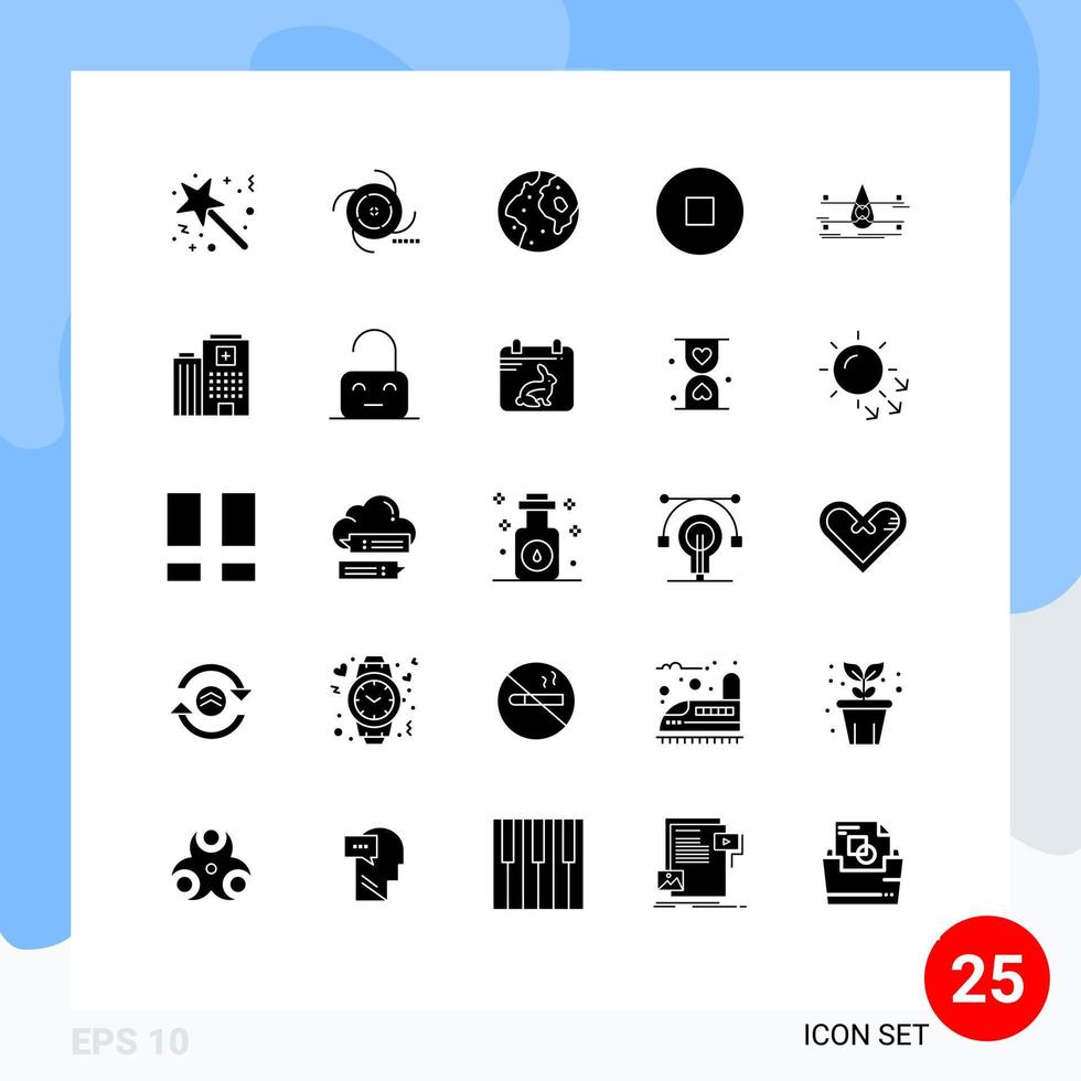 Pictogram Set of 25 Simple Solid Glyphs of water circle galaxy world international Editable Vector Design Elements