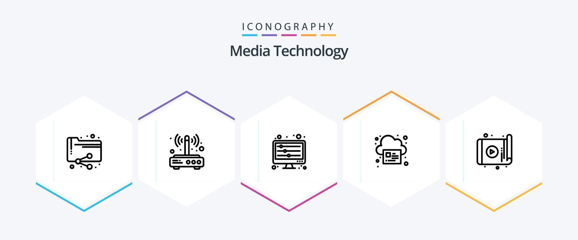 Media Technology 25 Line icon pack including app. print. wireless. page. waves vector