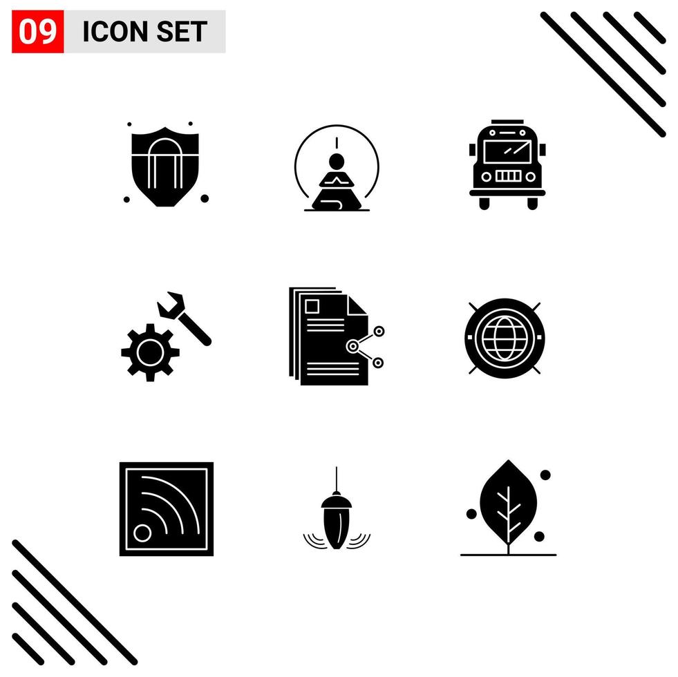 Pack of 9 creative Solid Glyphs of share files bus content wrench Editable Vector Design Elements