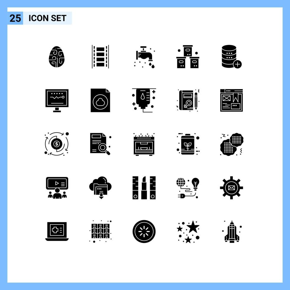 Solid Glyph Pack of 25 Universal Symbols of product pack filmstrip logistic plumbing Editable Vector Design Elements
