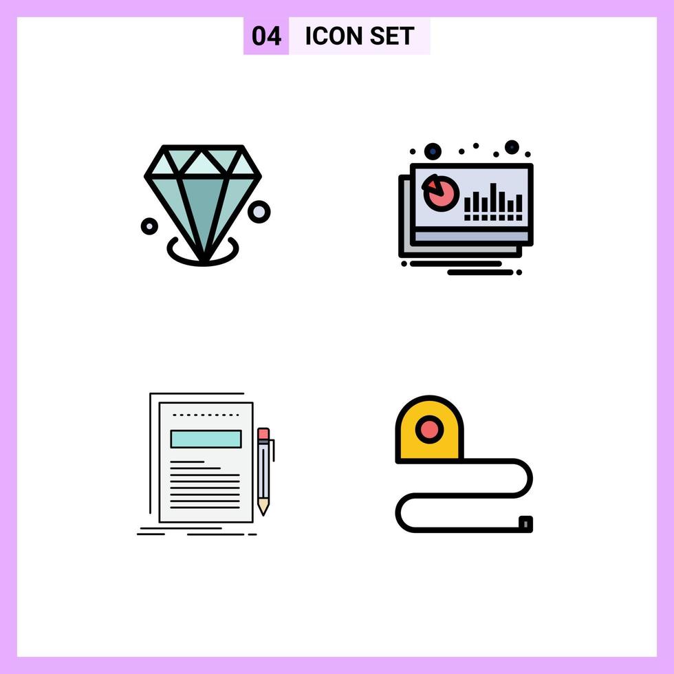 4 Universal Filledline Flat Color Signs Symbols of diamonf business jewelry financial file Editable Vector Design Elements