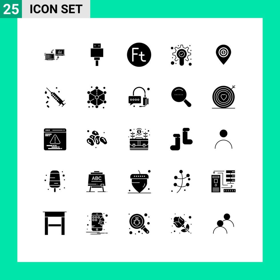 25 Universal Solid Glyph Signs Symbols of location gear storage search hungarian Editable Vector Design Elements