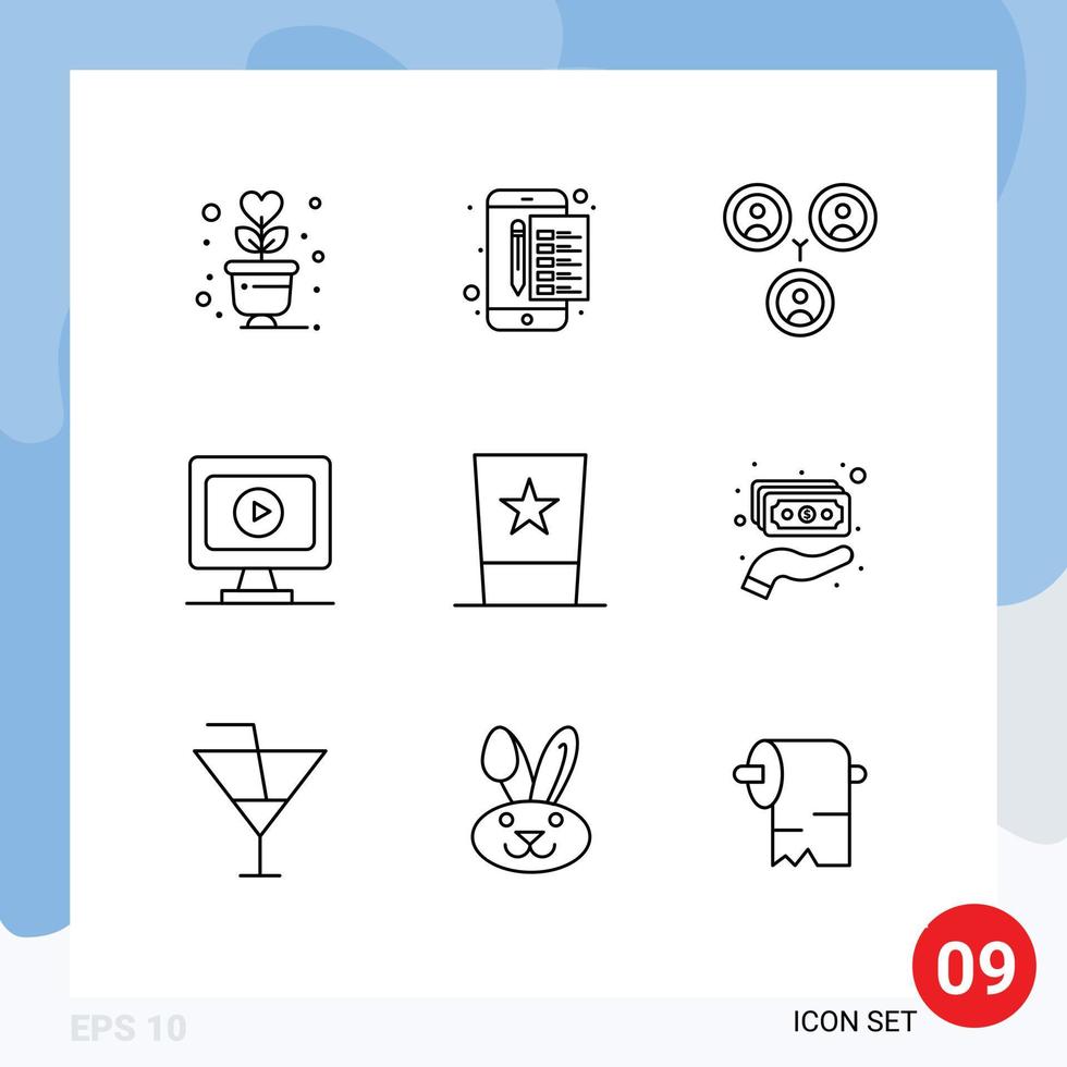 Universal Icon Symbols Group of 9 Modern Outlines of hat clothing tax play monitor Editable Vector Design Elements