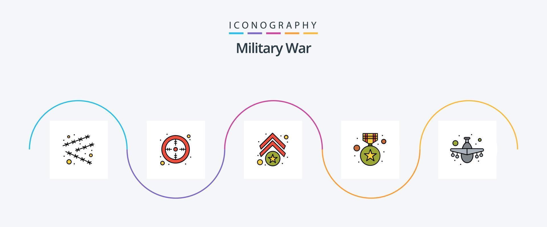 la línea de guerra militar llenó el paquete de iconos planos 5 que incluye el ejército. Insignia. brazo. ejército. estrella vector