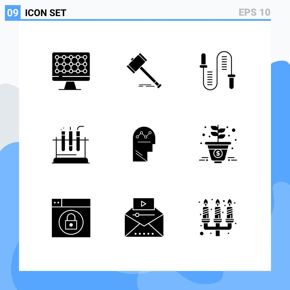 Group of 9 Solid Glyphs Signs and Symbols for test tube law sport fitness Editable Vector Design Elements
