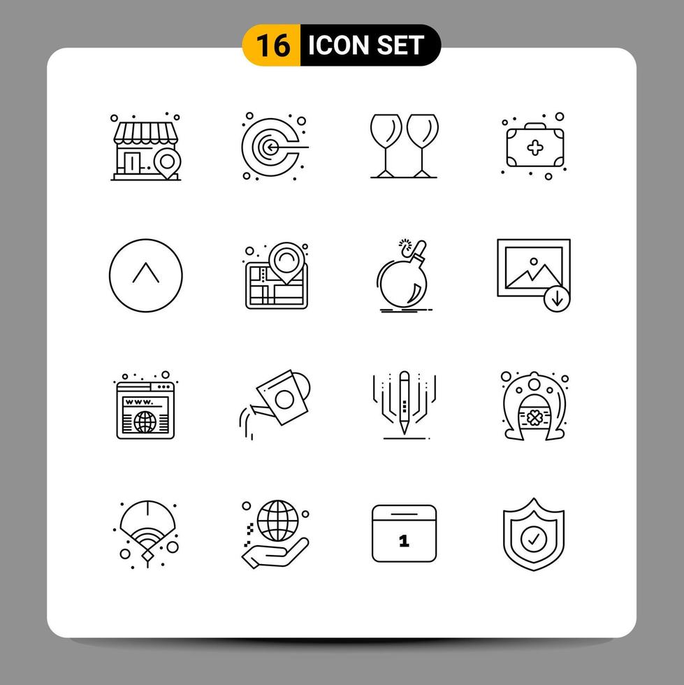 16 Universal Outlines Set for Web and Mobile Applications map circle glasses arrow camping Editable Vector Design Elements