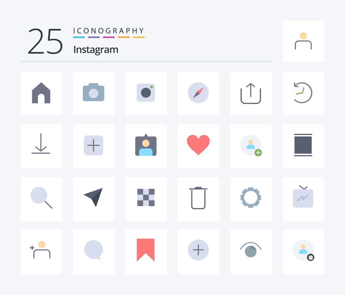 Instagram 25 Flat Color icon pack including logo. upload. photo. up. navigation vector