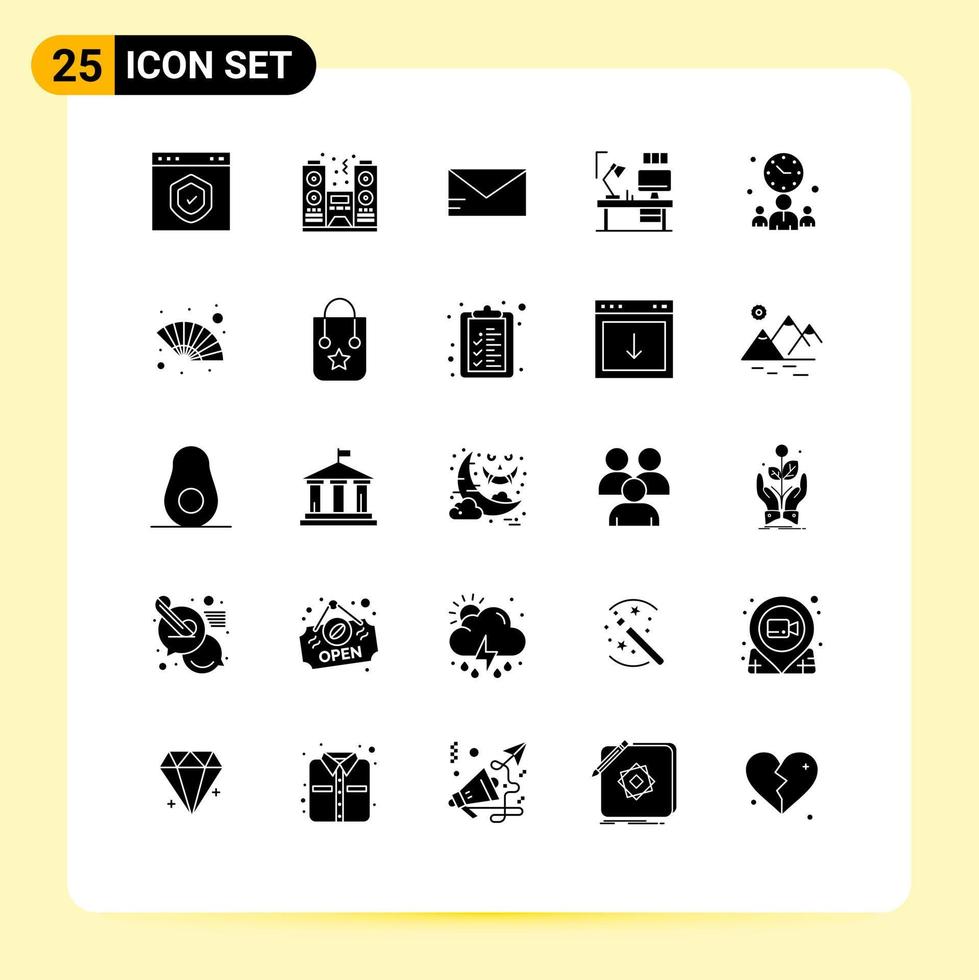 25 User Interface Solid Glyph Pack of modern Signs and Symbols of businessman computer spectator lamp table Editable Vector Design Elements