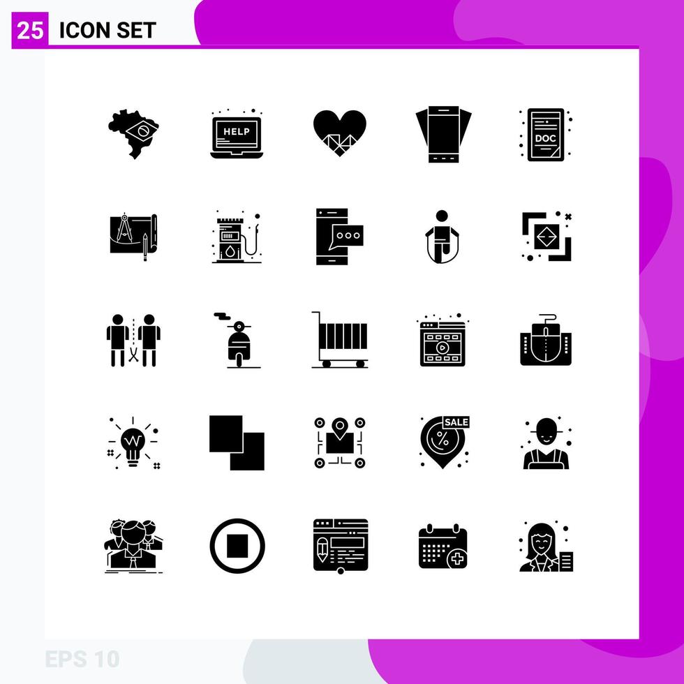 User Interface Pack of 25 Basic Solid Glyphs of doc extension tilt love smartphone mobile Editable Vector Design Elements