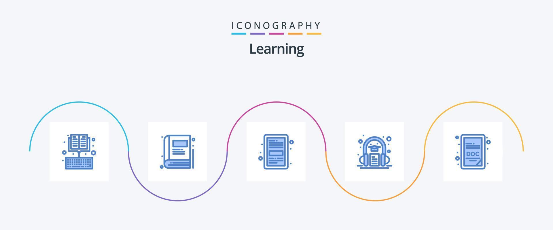 aprendizaje paquete de iconos azul 5 que incluye doc. auricular. libro. libro. aprendizaje vector