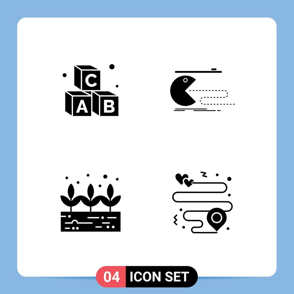 Set of 4 Vector Solid Glyphs on Grid for alphabet green plant school game heart Editable Vector Design Elements
