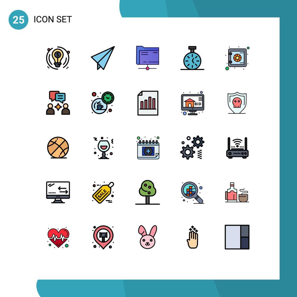 Group of 25 Modern Filled line Flat Colors Set for security locker data count time Editable Vector Design Elements