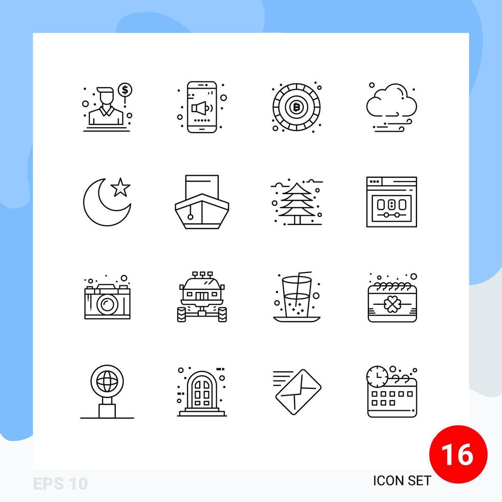 Set of 16 Modern UI Icons Symbols Signs for cargo star blockchain moon night Editable Vector Design Elements