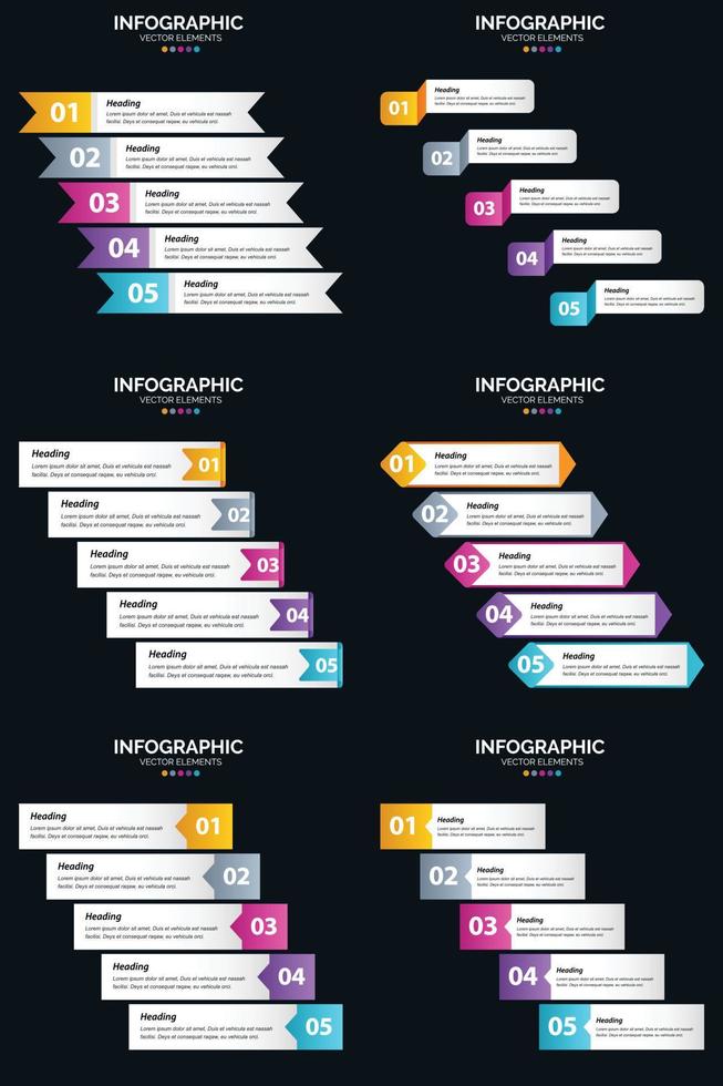 plantilla de diapositiva de presentación del paquete de infografías vectoriales 6 diagramas de ciclo de 5 pasos y líneas de tiempo vector