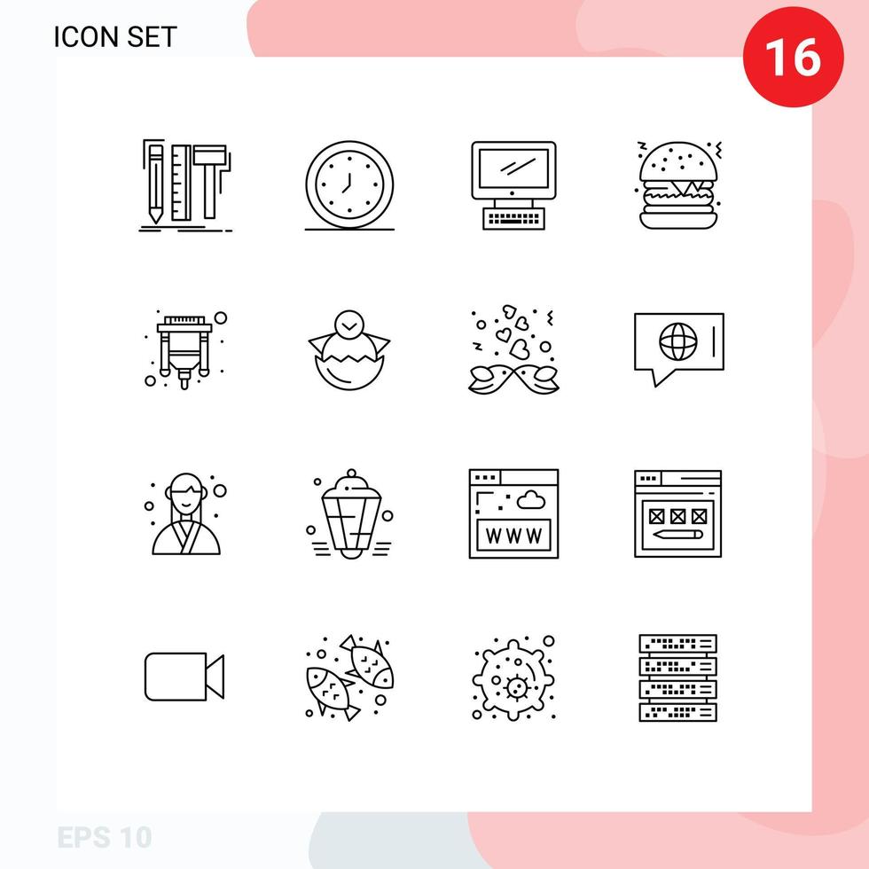 Set of 16 Vector Outlines on Grid for food burger time pc device Editable Vector Design Elements