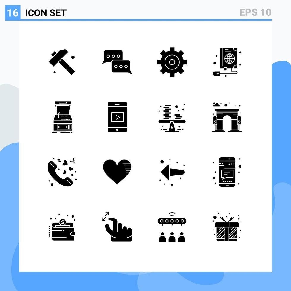 Universal Icon Symbols Group of 16 Modern Solid Glyphs of game arcade control globe book Editable Vector Design Elements