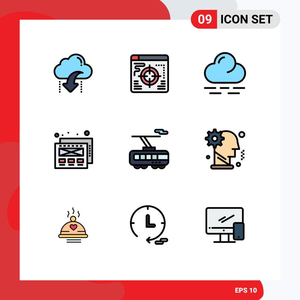 Mobile Interface Filledline Flat Color Set of 9 Pictograms of brain train cloud smart web Editable Vector Design Elements