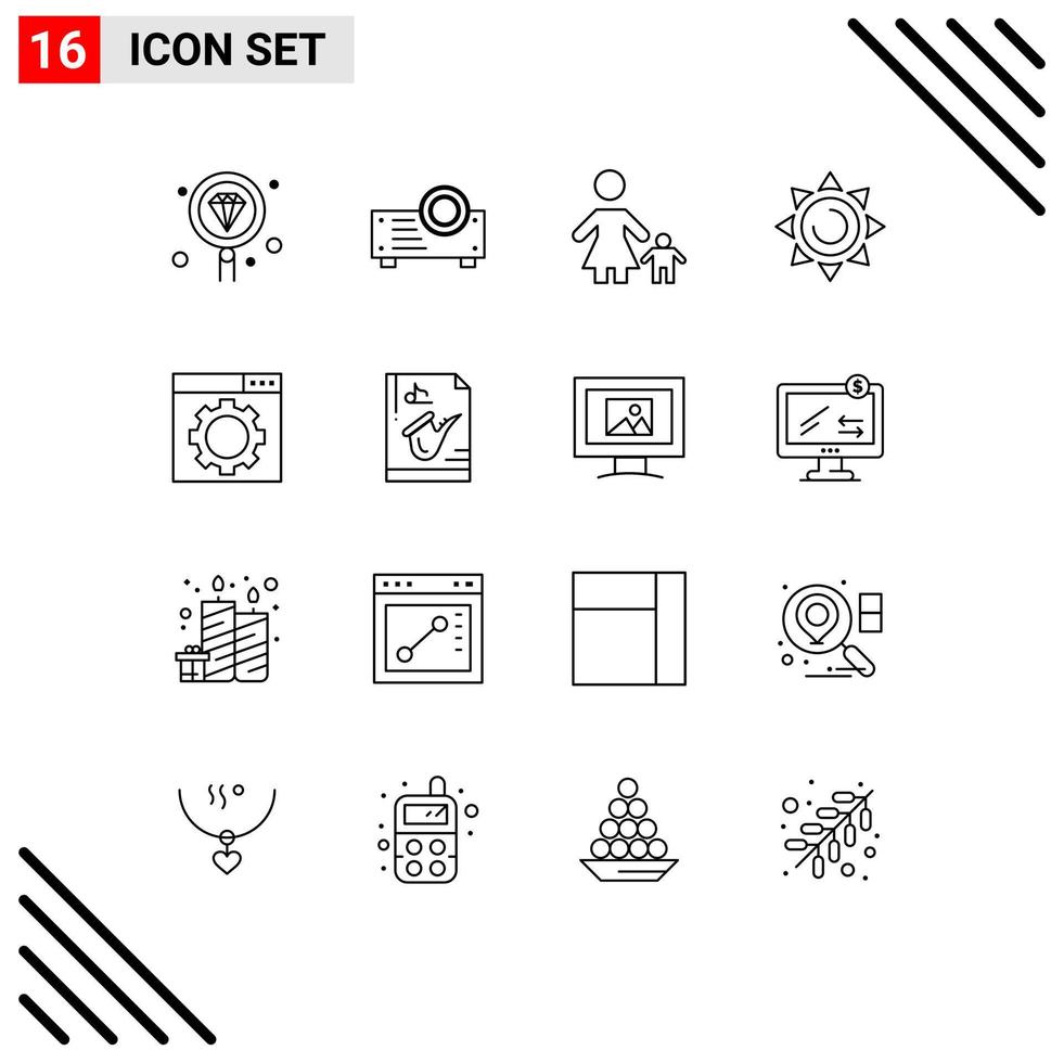 Set of 16 Vector Outlines on Grid for seo sun child shinning mother Editable Vector Design Elements