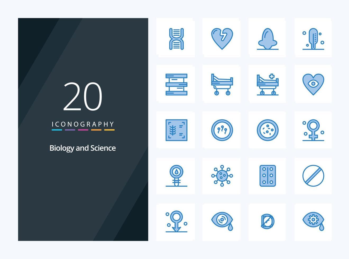 20 icono de color azul biología para presentación vector