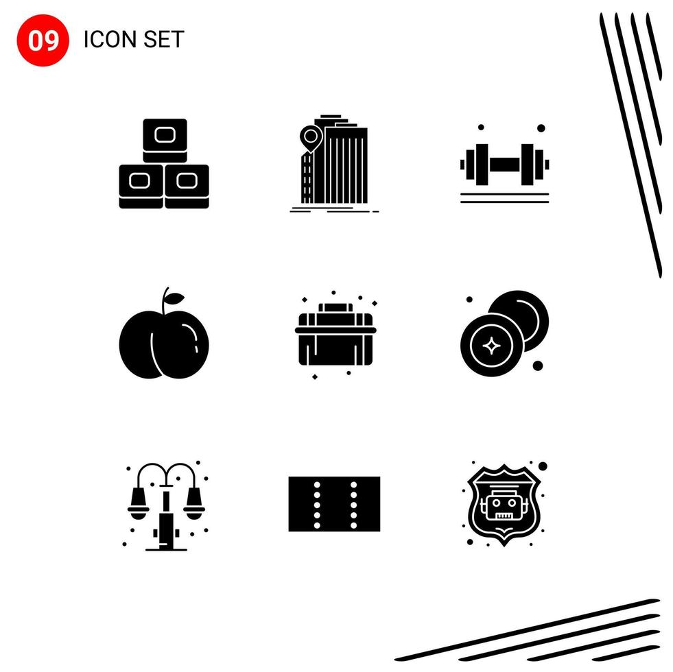 Group of 9 Modern Solid Glyphs Set for plumbing mechanical dumbell peach weight lifter Editable Vector Design Elements