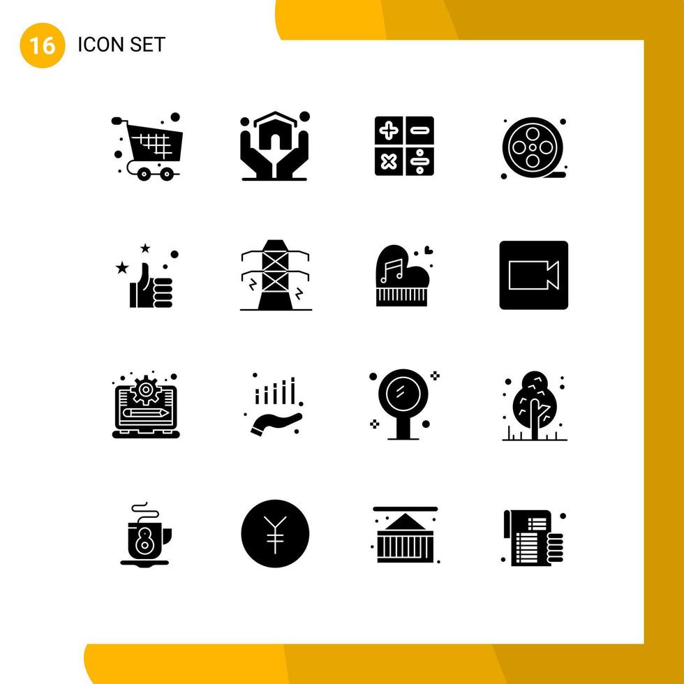 16 Universal Solid Glyph Signs Symbols of like favorites insurance reel movie Editable Vector Design Elements