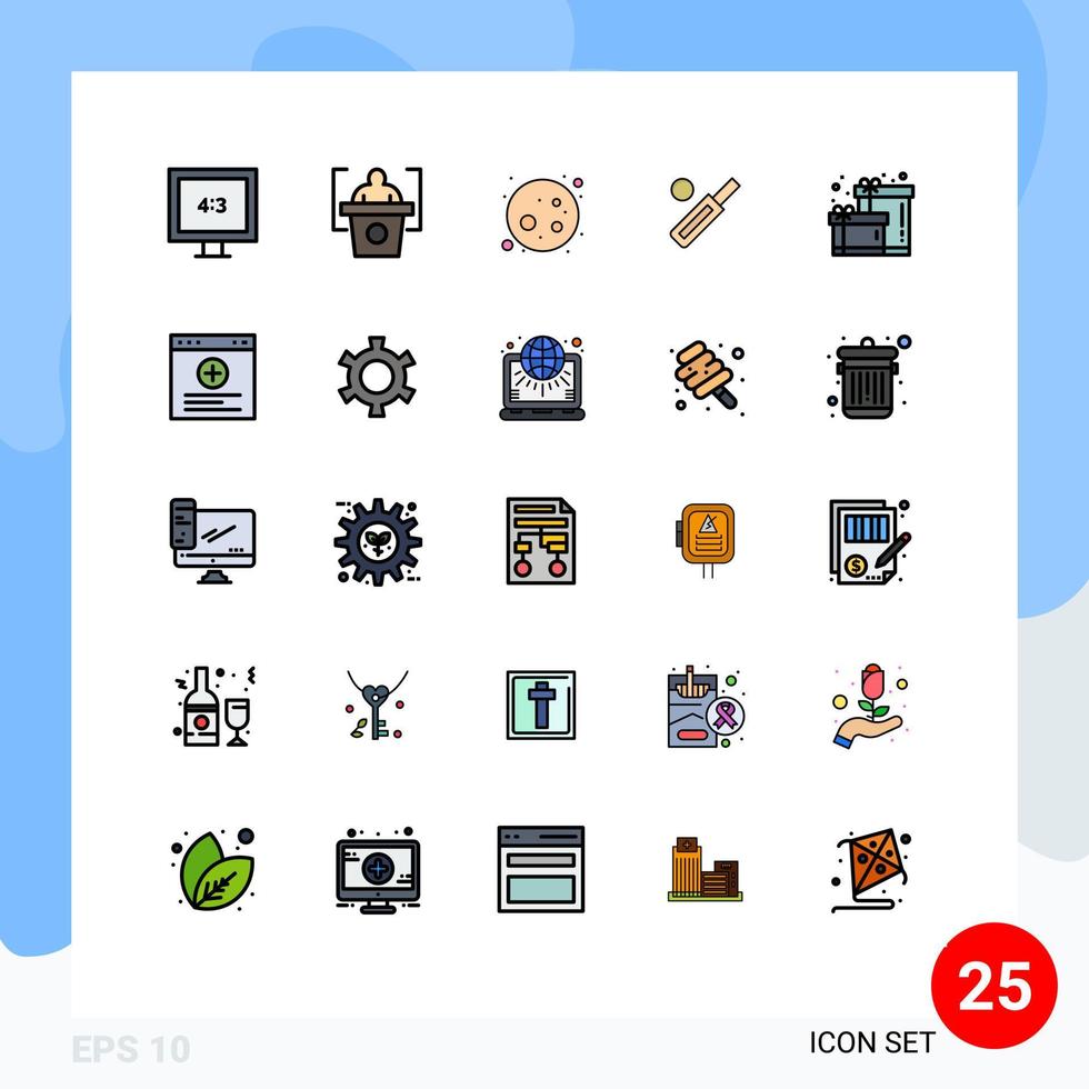 paquete de color plano de línea rellena de 25 símbolos universales de la caja del navegador planeta cumpleaños grillo elementos de diseño vectorial editables vector