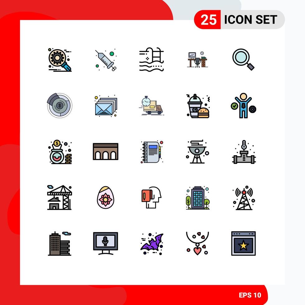 Mobile Interface Filled line Flat Color Set of 25 Pictograms of room chair holiday space water Editable Vector Design Elements