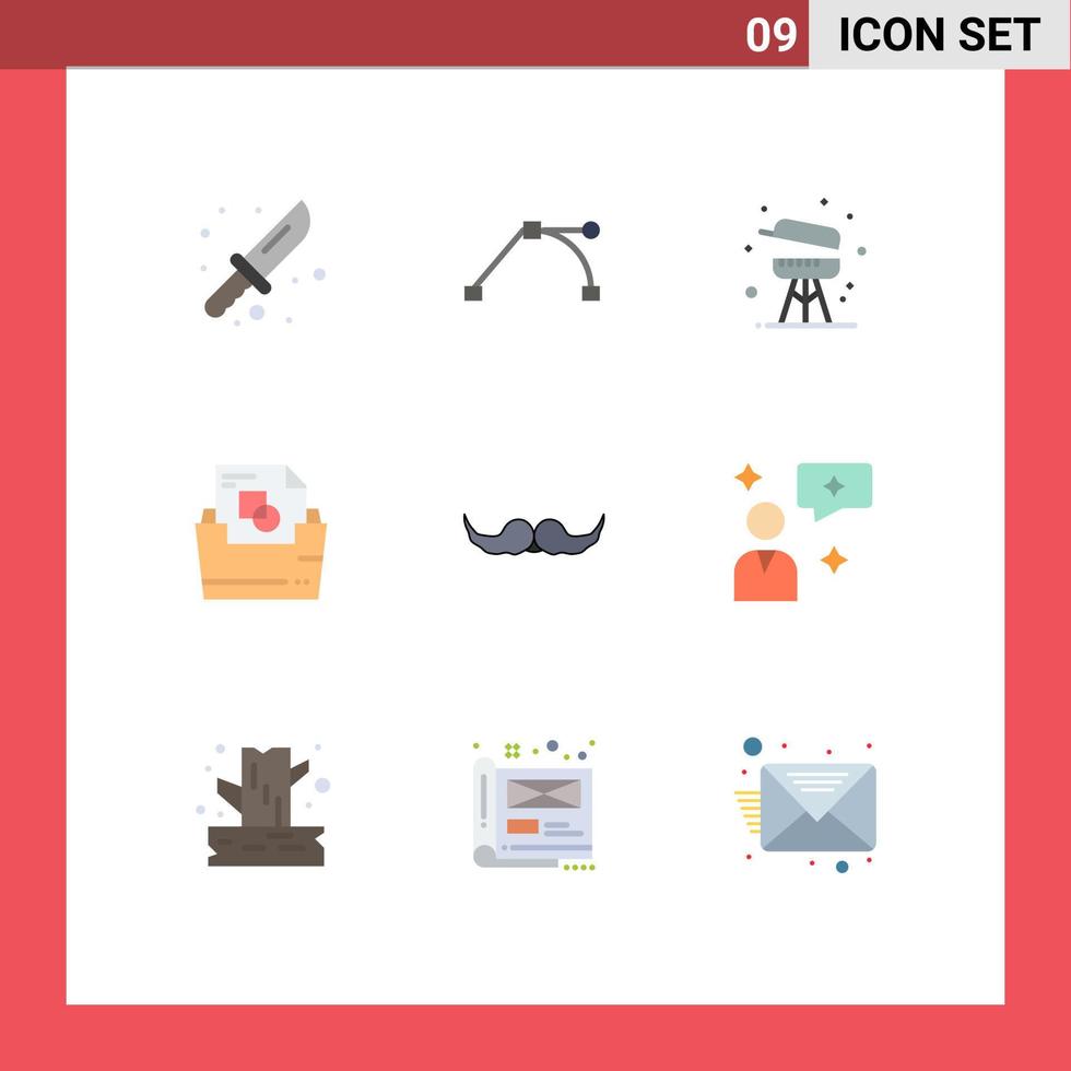 Flat Color Pack of 9 Universal Symbols of movember moustache cooking folder document folder Editable Vector Design Elements