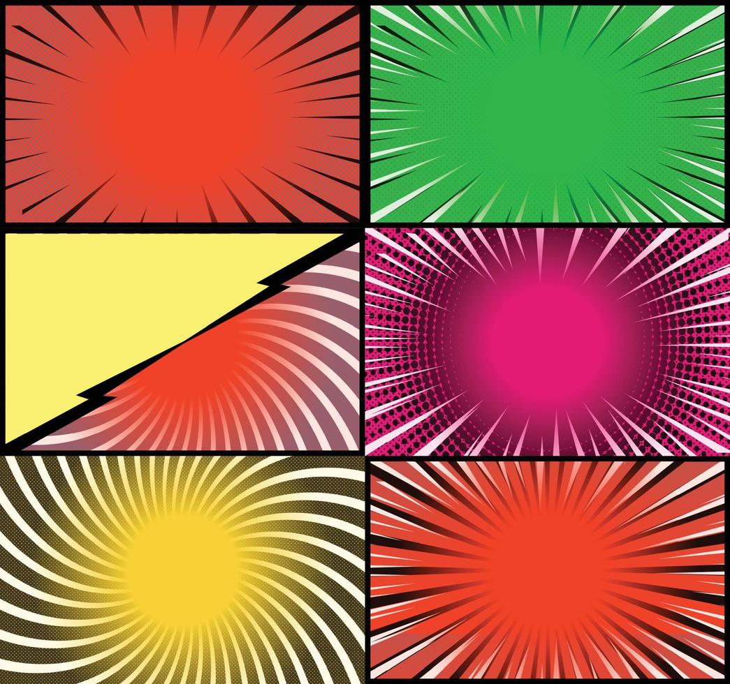 Comic book colorful frames background with halftone rays radial and dotted effects pop art style vector