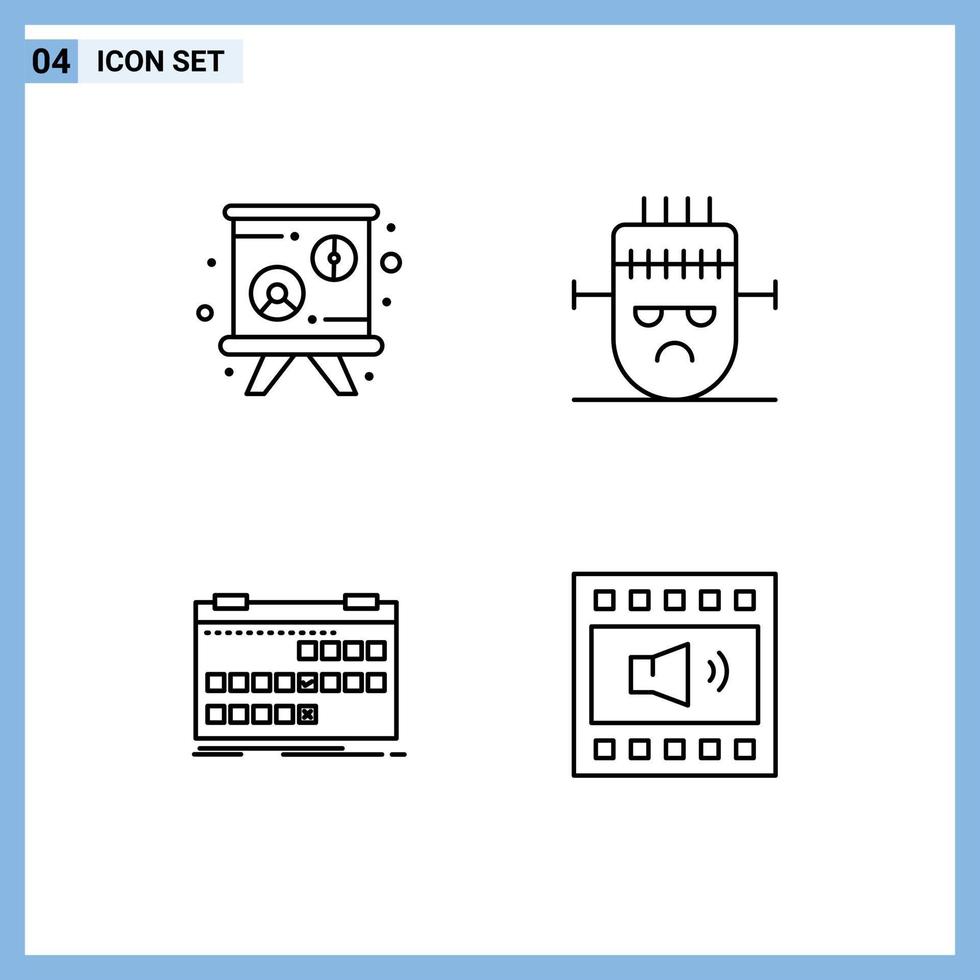 Group of 4 Modern Filledline Flat Colors Set for blackboard event frankenstein mask schedule Editable Vector Design Elements