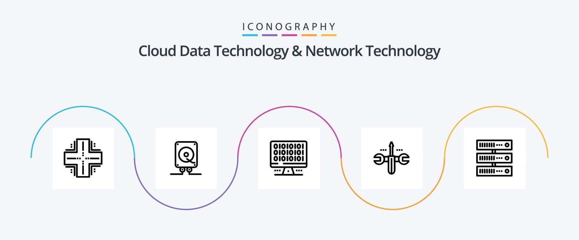 Cloud Data Technology And Network Technology Line 5 Icon Pack Including computing. screwdriver. play. computing. server vector