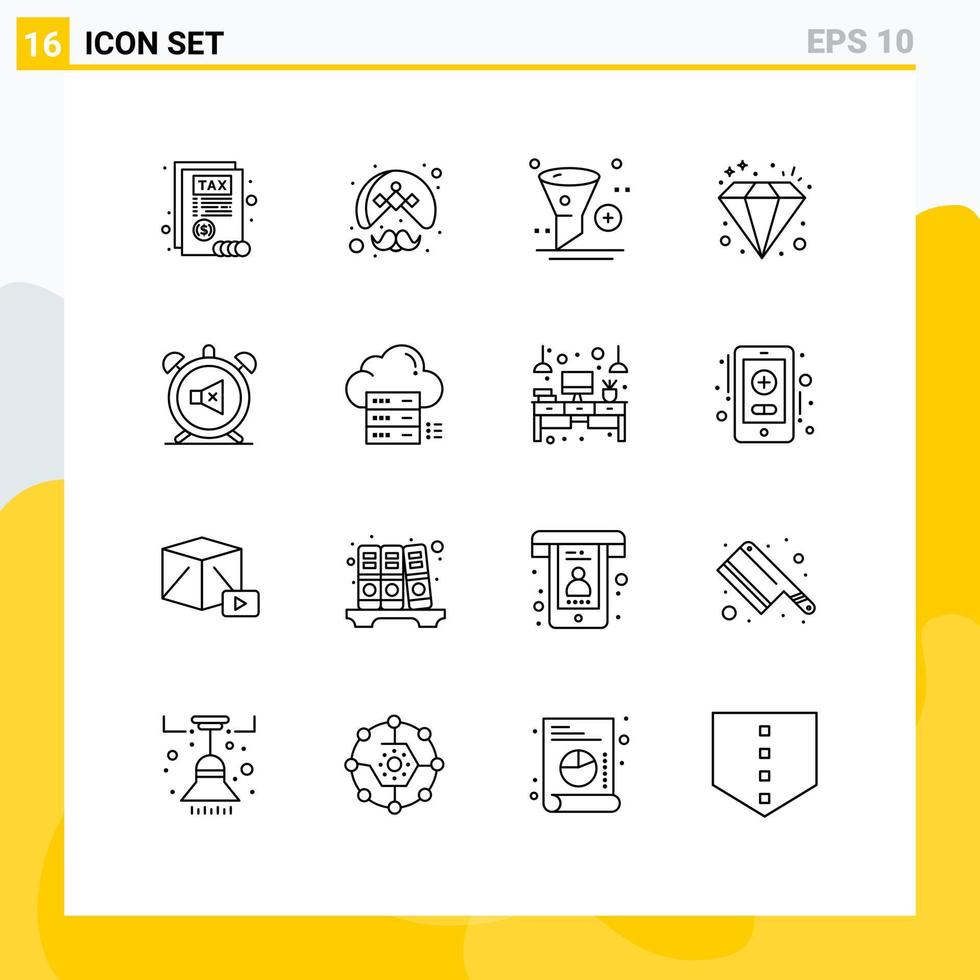 Modern Set of 16 Outlines Pictograph of alarm jewel add investment filter Editable Vector Design Elements