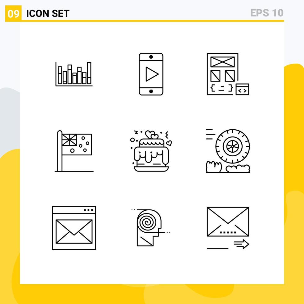 Mobile Interface Outline Set of 9 Pictograms of cake nation coding flag australia Editable Vector Design Elements