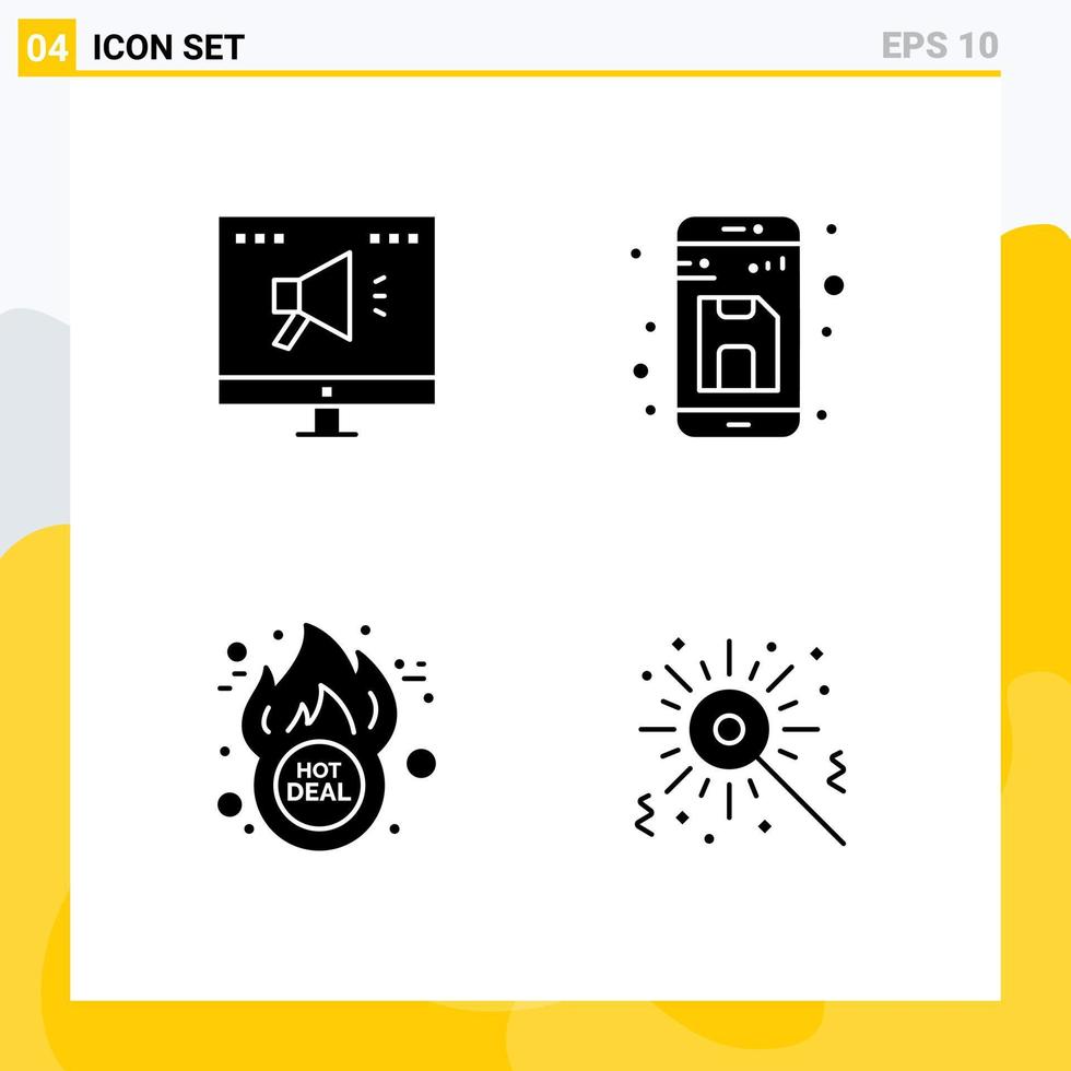 Pack of 4 Modern Solid Glyphs Signs and Symbols for Web Print Media such as ad cyber online file discount Editable Vector Design Elements