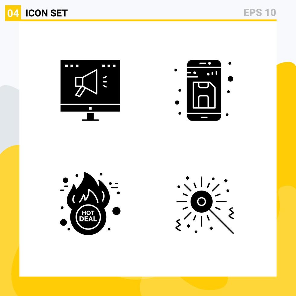 paquete de 4 signos y símbolos de glifos sólidos modernos para medios de impresión web, como elementos de diseño de vectores editables de descuento de archivos en línea cibernéticos publicitarios