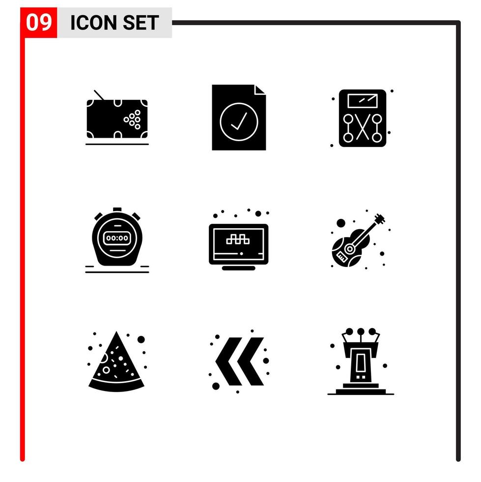Mobile Interface Solid Glyph Set of 9 Pictograms of booking search diet online stopwatch Editable Vector Design Elements