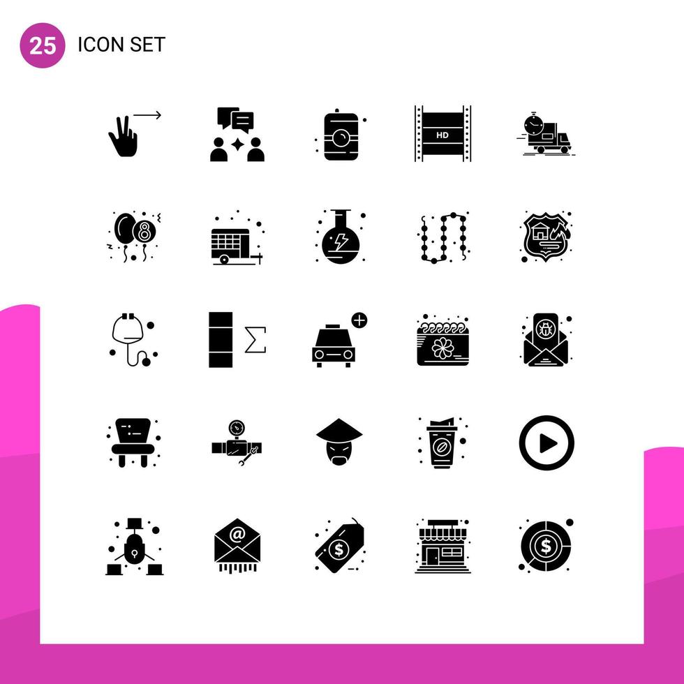 Pictogram Set of 25 Simple Solid Glyphs of time definition video can high hd in filmmaking Editable Vector Design Elements