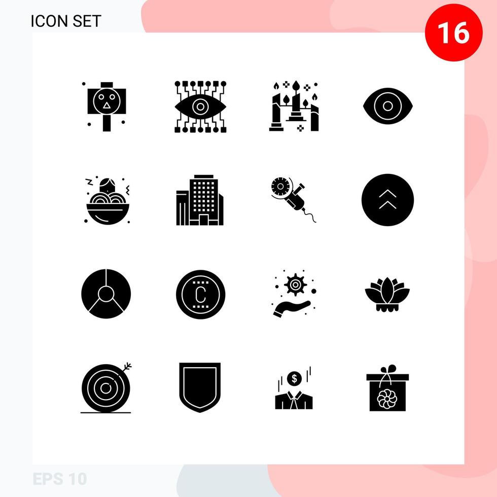 Group of 16 Solid Glyphs Signs and Symbols for food spaghetti candles science eye Editable Vector Design Elements