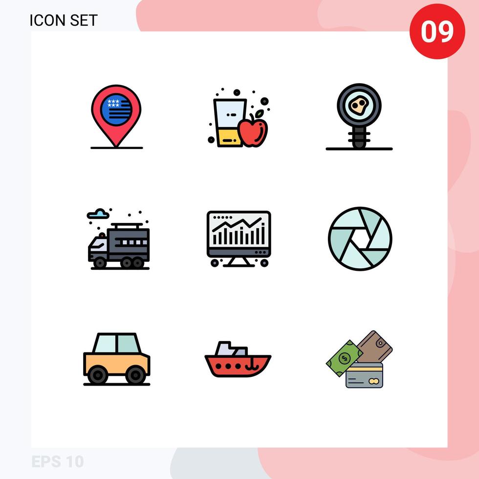 9 User Interface Filledline Flat Color Pack of modern Signs and Symbols of chart truck juice life microbiology Editable Vector Design Elements