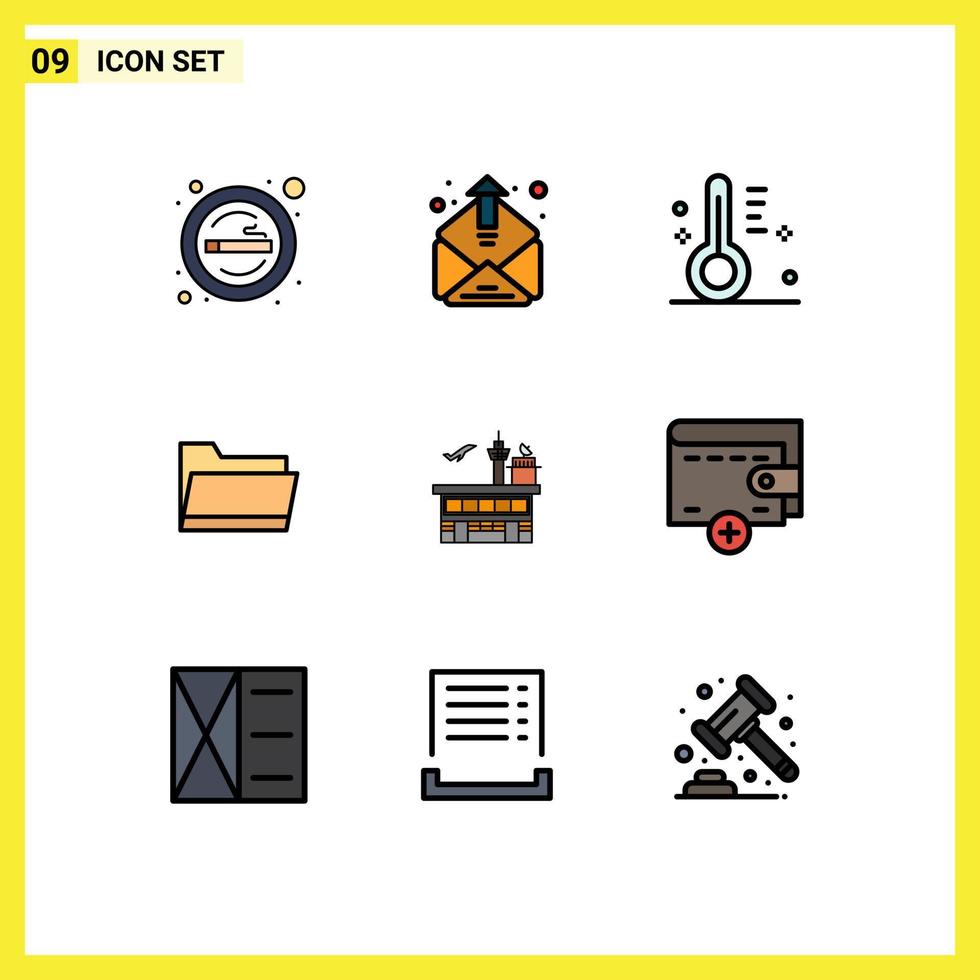Modern Set of 9 Filledline Flat Colors Pictograph of airport data mailing open temperature Editable Vector Design Elements